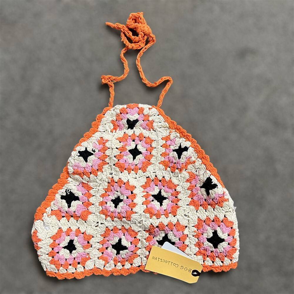 BOG Collective Band of Gypsies Crop Top Small Granny Square Crochet Halter Boho